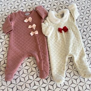 Nicole Miller 3-6 Mo Set of 2 Fancy Quilted Winter Holiday Sleepers with Bows